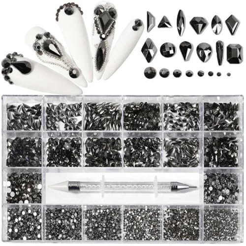 Luxuriöses Set mit glänzenden Diamant-Strasssteinen für Nagelkunst, Glaskristall-Dekorationsset, 1 Stück, Aufnahmestift in einer Gitterbox, 21 Formen mit 2500