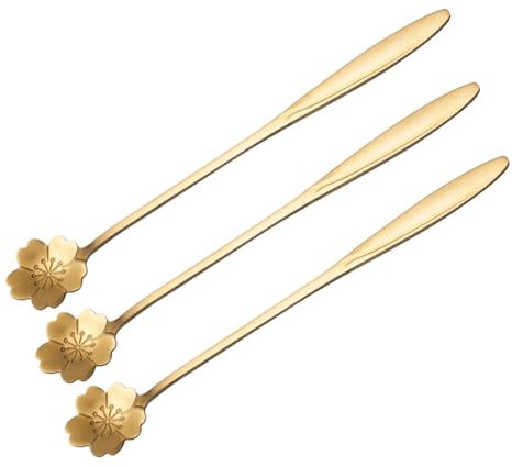 OFFSCH 3pcs Petal Shaped Stainless Steel Spoons for Coffee Cocktail and Dessert Handle Mixing Spoon Golden Color for Home and Use