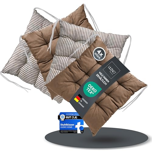 LILENO HOME 4er Set Wende Stuhlkissen Braun (40x40x6 cm) - Streifen Sitzkissen für Gartenstuhl, Küche oder Esszimmerstuhl - Indoor u. Outdoor Stuhlauflage als Stuhl Kissen (Linda FUM)