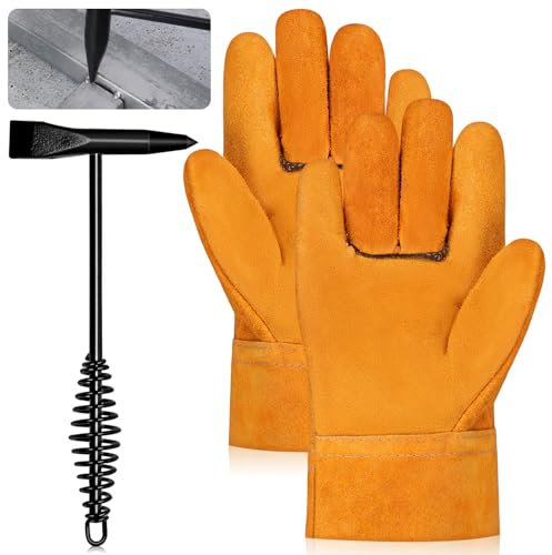 Glarks 2pcs 250mm/9.8’’ Welding Chipping Hammer with Coil Spring Handle and A Pair Welding Gloves Set, Welding Slag Hammer Removal Tool Set for Removing Slag and Welding Residue