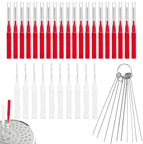 40pcs Shower Head Cleaner Tools, 2 Designs Shower Head Cleaning Brushes Multi-Size Showerhead Cleaner Picks Anti-Clogging Cleaning Brush for Bathroom Small Hole Gap Nozzle Window Slot (Red)