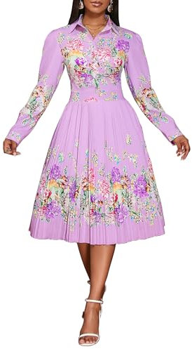 VERWIN Lapel Three-Quarter Sleeve Knee Length Pleated Floral Women's Sheath Dress L Purple