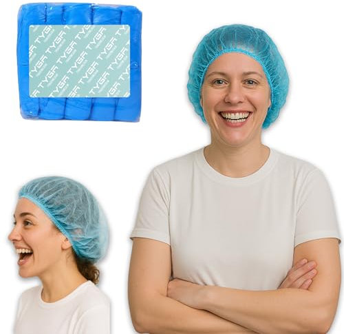 TYGA Store 100 x Mob Caps - Disposable Non Woven Hair Net, Elastic Hair Nets, Premium Hair Covers, Ideal Hair Nets for Kitchen, Catering & General Protection (Blue) (Pack of 100)