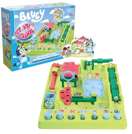 Tomy Bluey Screwball Scramble Marble Labyrinth – Schnelllebige Kugelbahn Tisch-Hindernislauf Kinderspiele – Kindergarten und Vorschulspiele – Blaue Geschenke für Kinder – 1–4 Spieler – ab 5 Jahren