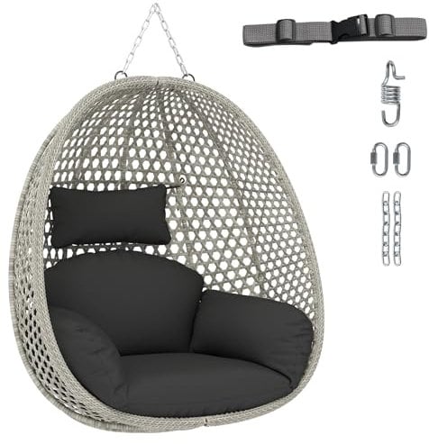 COSTWAY Swing Egg Chair, Upholstered PE Rattan Wicker Hammock Chair with Soft Thick Cushion and Head Pillow, Heavy-duty Hanging Egg Basket Seat for Garden Patio Yard Living Room (1, without Stand)