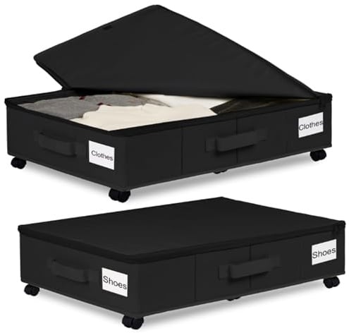 Cnwinu 2 Stück Unterbett Aufbewahrungsbox, 50L Faltbare Unterbett Aufbewahrung mit Deckel, Unterbettkommode mit Rollen 360°Drehung, Bettkasten Aufbewahrung für Kleidung, Spielzeug, Schuhe(Schwarz)