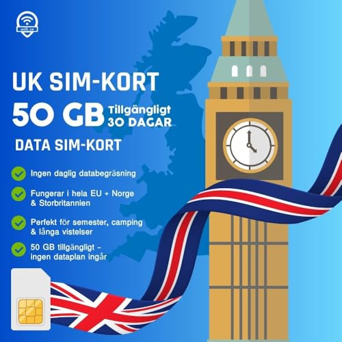 Wifi.se Daten-SIM 50 GB verfügbar, Keine Daten enthalten. – 5G Reise- und Roaming-SIM für ganz Europa und Großbritannien – Nur SIM – KEIN Datentarif (England)
