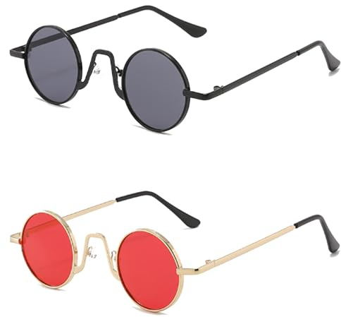 KYEDGC 2 Pcs Round Sunglasses, Retro Circle Glasses for Men and Women, 70s Style Hippie Sun Glasses with Classic Round Frame, Ideal for Music Festivals and Outdoor Activities (Black, Red)