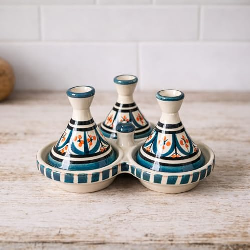 Mini Tajine Triple Porte Épices en Céramique Terre cuite Marocaine de Safi - Élégance Artisanale 3012250804 Tunisie Turquie Ethnique Modno