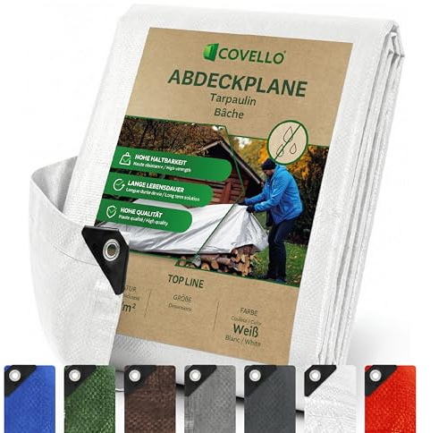 Covello Lonas Impermeables Exterior 5 x 6m, 260g/m² con Ojales Blanco | Top Line, Cubierta Reforzada para Leña, Protección contra UV, Lona Impermeable Duradera y Resistente, Múltiples Usos