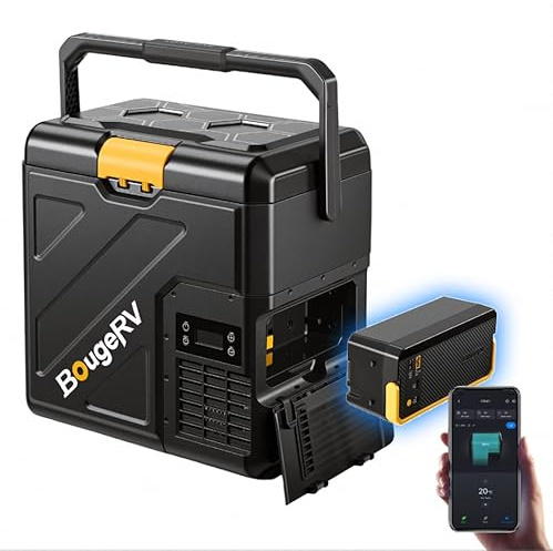 BougeRV CRH20 Nevera Coche 20L con Batería 240Wh, -20°C~20°C | Compresor Portátil 12V 24V 230V Asa App IPX4 Mini Frigorífico Coche Camping Viajes Barco Pesca (Novedad 2026)