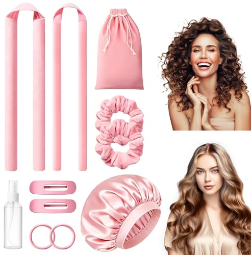 Yooyan 11 Stück Lockenwickler Locken Ohne Hitze, 2 Größen Heatless Curls Set mit Rutschfeste Hair, Schlafhaube, Scrunchies & Haarclips, Haarband Wave Formers für langes und mittellanges Haar (Rosa)