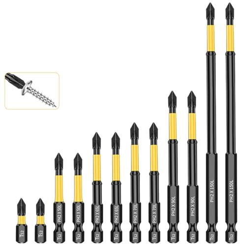 12-Piece PH2 Cross Screwdriver Bit Set, Impact Rated, Chrome Vanadium Steel, 6 Lengths for Electric Drills