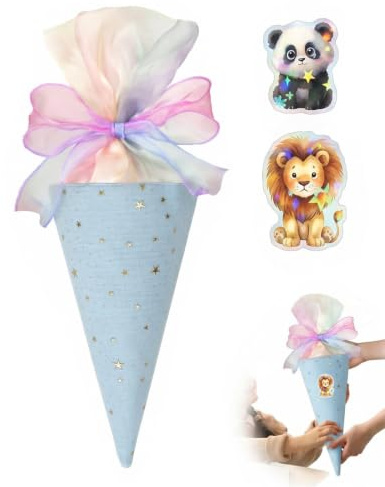 KACZUS Pequeño Cono Escolar Hermano 49 cm Mini Cono Escolar Azul de Tela con Lazo Arcoíris y 2 Hojas de Pegatinas de Animales Aleatorias para Niños y Niñas en el Primer Día de Escuela
