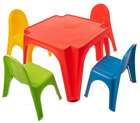 Sport1 4 Freunde Mehrzweck-Set Kindertisch + Stühle Kunststoff rot 4 Stühle Mischfarben Indoor Outdoor Garten Tisch 55x55x38cm Stühle 35x28x41cm