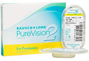 Bausch + Lomb PureVision 2 for Presbyopia Monatslinsen, sehr dünne Gleitsicht-Kontaktlinsen, weich, 3 Stück BC 8.6 mm / DIA 14 / -2.25 Dioptrien / ADD Low