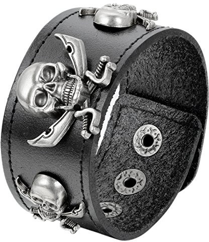 JewelryWe Schmuck Herren Lederarmband Breit, Piraten Totenkopf Schädel Leder Manschette Armreif Schwarz Männer