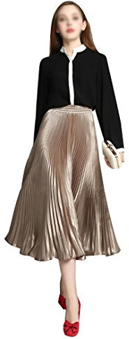 LA HUATE Women's Metallic Pleated Midi Skirt - Summer Long Beach Party Skirt in Luster Satin