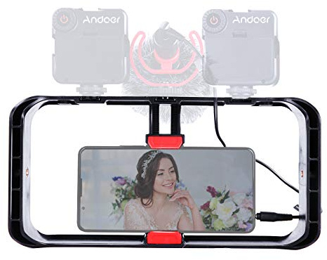 Andoer Portable Smartphone Video Rig,Handheld Phone Stabilizer Grip Filmmaking with Phone Holder 3 Cold Shoe Mounts 1/4 Inch Screw Holes Replacement for iPhone 12/12 Pro/ 12 Pro Max/11/10/8/7