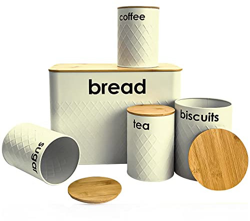 Janoon 5pc-Kitchen Set Bread Bin,Tea,Coffee,Sugar,Tins and Biscuit Barrel Sealed Containers (Cream)