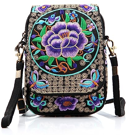 Goodhan Mini sac à bandoulière en toile avec broderie florale, pochette pour téléphone portable, violet