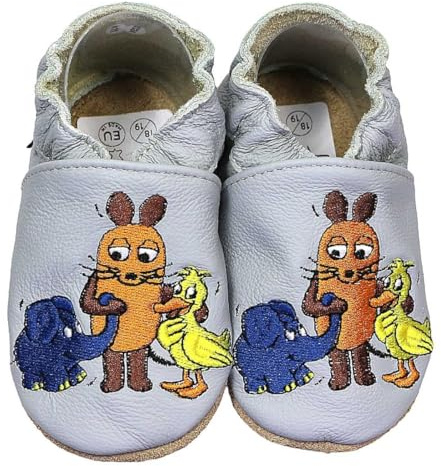 HOBEA-Germany Kitaschuhe Safestep, Kinderhausschuhe, Lederschuhe (Maus, Elefant und Ente grau, 24/25)