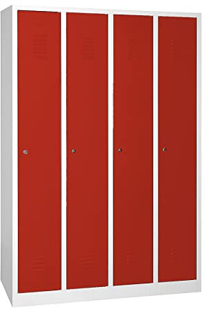 Schrank & Stuhl Spind – Metallspind mit 4 Abteilen, Schließfachschrank mit Hutboden, 30 cm Abteilbreite, Lieferung komplett montiert (Grau/Rot, mit Zylinderschlössern)