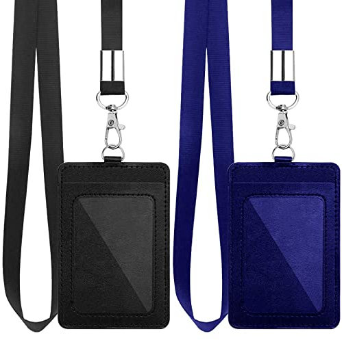 MYSUNBAR 2 porta badge in pelle su entrambi i lati, verticale, doppio lato in pelle PU, porta badge double face, porta badge in pelle PU, porta badge con nastro