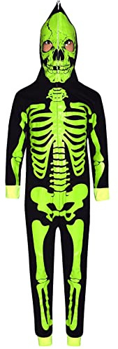 A2Z 4 Kids Girls Boys Skeleton Print Pyjama - Skeleton Onesie Black N.Green 11-12