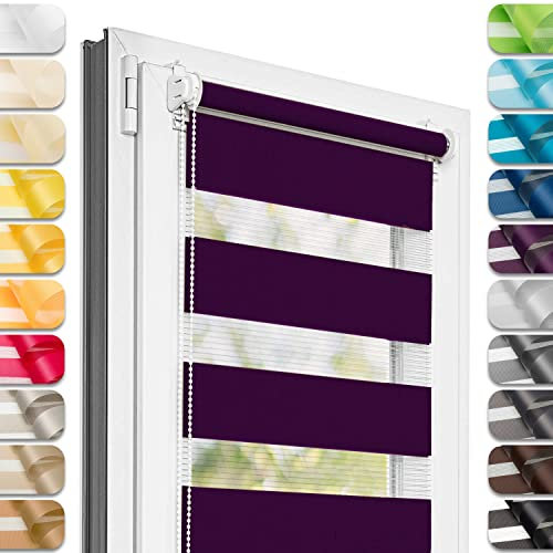Estika Doppelrollo Klemmfix ohne Bohren - 85 cm x 120 cm - Pflaume - 27 Stofffarben, Tag und Nacht Duo Rollo, Rollos für Fenster ohne Bohren, Fenster Sichtschutz (85 cm Stoffbreite)