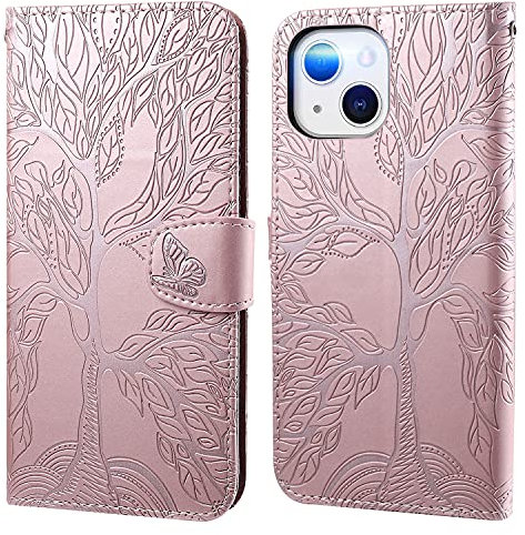Aisenth Handyhülle für iPhone 14 Plus, Baum Muster Leder Handytasche Brieftasche Klapphülle Etui Wallet Flip Case Schutz Hülle mit TPU innen Schale, Kartenfächer, Aufstellfunktion -Rosa