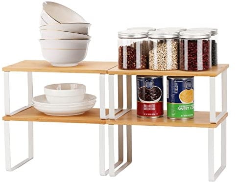 4-Pack Bamboo Cupboard Shelf Organiser - Expandable & Stackable Storage Rack for Cabinets, Kitchen, Bathroom,Lounge-White