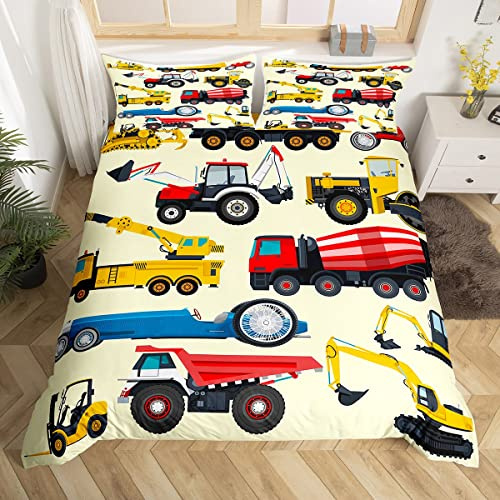 Excavator Print Duvet Cover Set Construction Vehicles Comforter Cover Equipment Trucks Bedding Set Light Yellow Bedspread Cover for Kids Boys Girls King Size With 2 Pillow Case