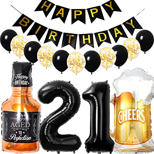 Conruich Geburtstagsdeko 21 Jahre Mann Frau, Luftballon 21. Geburtstag Deko Mann, Folienballon Zahl 21 Schwarz, Helium Ballon Whiskey Bierglas für 21. Geburtstag Manner Party Dekoration