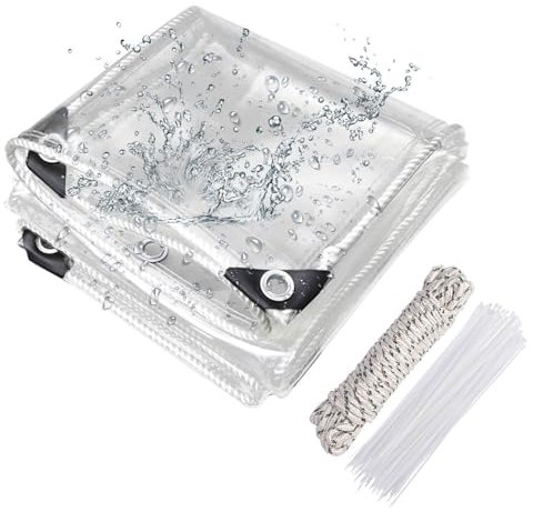 Transparente Plane mit ösen 420g/m² 2x5m, Abdeckplane Zeltplane Wasserdicht mit Seil und Kabelbinder, PVC Material Wetterfeste Plane zum Regenschutz für Pflanzen Gewächshaus Gartenmöbel