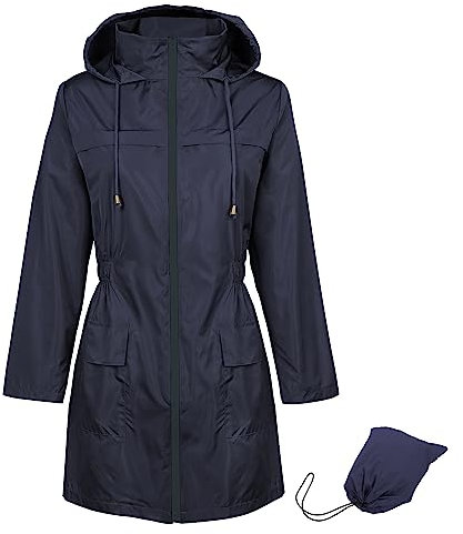 Durio Veste de pluie pour femme imperméable et respirante avec capuche, légère et pliable, veste d'extérieur avec cordon de serrage réglable, bleu marine, M