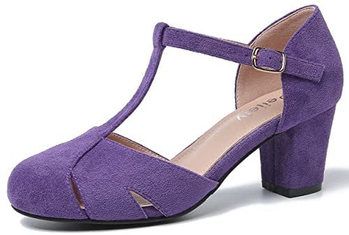 Peijely Mary Jane Damen-Pumps mit T-Riemen, Blockabsatz, Knöchelriemen, Schnalle, Tanzpumps, Wildleder Lila, 38 EU