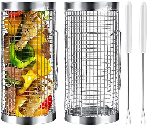 Cesta de Parrilla Portátil Acero Inoxidable Cesta para Barbacoa Rodante Rolling Accesorios para Al Aire Libre Acampar Carne Asar Verduras Mariscos con Tenedor 20CM 2 Piezas