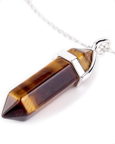 LAVISA Obelisk Edelsteinkette, Anhänger, echte Kristall kette, Halskette, Rosenquarz, Amethyst, Naturstein - 55 + 5 cm (Tigerauge)
