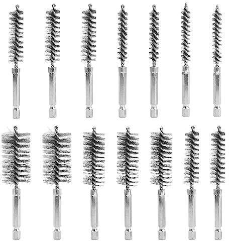 14PCS Stainless Steel Wire Bore Brush with 1/4 Inch Hex Shank Handle, Twisted Wire Tube Cleaning Brush Set for Power Drill Impact Driver