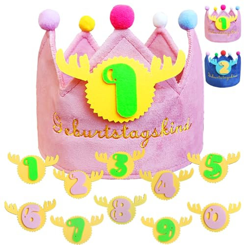 YOUYIKE Geburtstagskrone Kinder mit Zahlen, Geburtstagskrone Samt mit Zahlen von 0-9 für Mädchen und Jungen, Rosa Krone zum Geburtstag, kindergeburtstag Party deko Hut für 3.4.5.6.geburtstag Mädchen