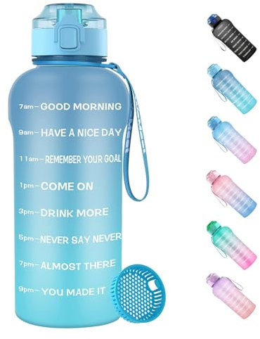 WEMEET Trinkflasche 1.5 Liter, Wasserflasche Auslaufsicher, 1500ml Trinkflasche Sport Kohlensäure Geeignet, BPA Frei Sportflasche mit Filter und Zeitmarkierung für Fahrrad, Fitness BLAU BLAU