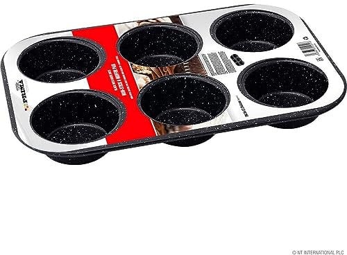 6 Muffin Baking Tray Black - Cake Non Stick Kitchen TIN PAN Oven Dish Cupcake Cakes | for Yorkshire Pudding/Mince Pie/Brownie, Non-Toxic, Durable & Easy to Release