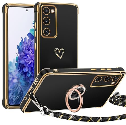 TUUTPU Handyband für Samsung Galaxy S20 FE Hülle mit Band, Herz Muster Handyhülle mit 360° Ring Ständer Dünn Silikon TPU Stoßfeste Schutzhülle mit Abnehmbar Kordel zum Umhängen mit Schnur, Schwarz