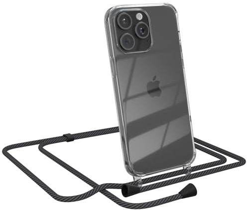 EAZY CASE Handykette kompatibel mit iPhone 15 Pro Max Handyhülle mit Umhängeband, Handykordel mit Schutzhülle, Silikonhülle, Hülle mit Band, Kette mit Hülle für Smartphone, Schwarz - Clips Schwarz