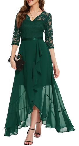 Bbonlinedress Abendkleider Langarm elegant Damen Spitze Chiffon V-Ausschnitt Brautjunferkleid Party Abschlusskleid festliches Ballkleid Dark Green L