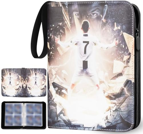 Fußball Karten Sammelalbum mit Reißverschluss und 50 Herausnehmbaren Hüllen, 4 Taschen Fussball Sammelkarten Album für 400 Karten, Groß Sport Karten Heft, 3 Ringe Karten Mappe Binder