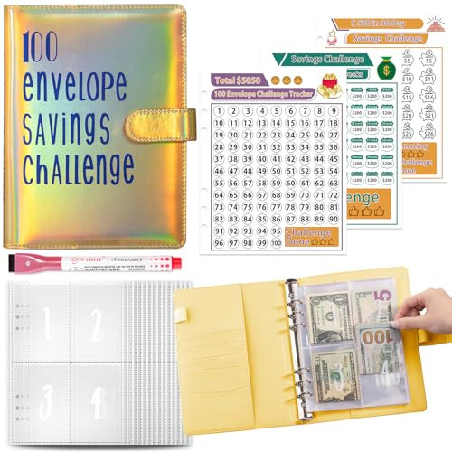 100 Umschläge Spar Challenge Umschlag Spar Challenge Ordner Sparbuch Geld Spar Buch Geld Spar Ordner mit Geldumschlägen Spar Challenge Aufkleber für Zuhause