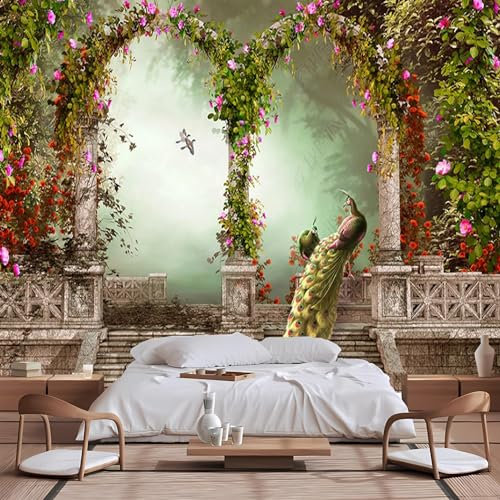 Lcythiazole Papier peint floral de taille personnalisée – Papier peint 3D paon personnalisable, autocollant et amovible, pour décorer le salon et la salle de bain