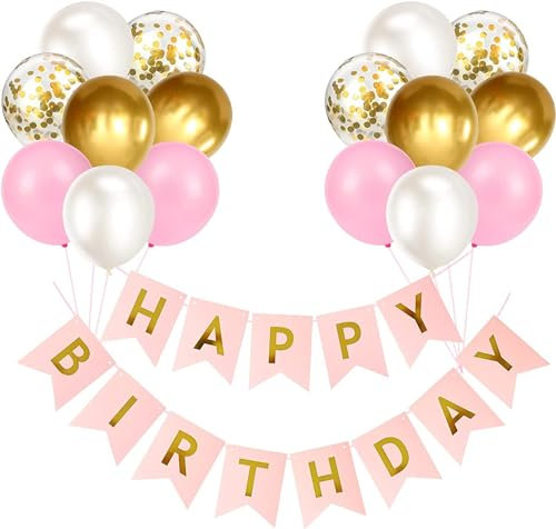 Luftballons Geburtstag Dekoration Set, rosa weiße Gold Geburtstagsdeko Happy Birthday deko Banner Party Deko Geburtstag Set mit 16pcs rosa weiße Gold Latex Luftballons Konfetti Ballons(rosa+Gd)